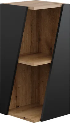 A modern, tall, narrow cabinet with a diagonal opening, showing two wooden shelves inside. The exterior is black.