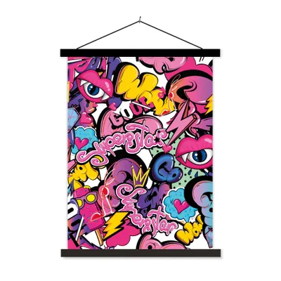 Produktbild von MuchoWow® Textilposter Design - Superstar - Cool - Muster - Lippen - Kinder 60x80 cm mit schwarzem Rahmen - Plakathalter
