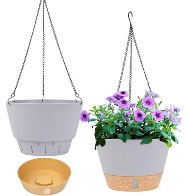 Immagine prodotto di Set di 2 vasi sospesi, diametro 20,3 cm, adatti per interni ed esterni, con foro di drenaggio, colore grigio chiaro