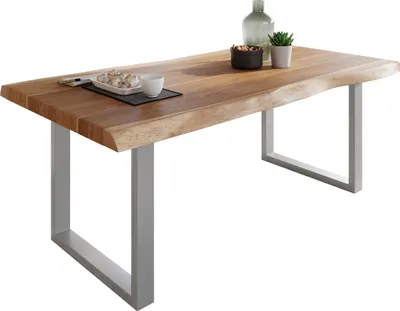 Produktbild von Esstisch Baumkante massiv Akazie Natur 160 x 85 U-Gestell silber ATLAS
