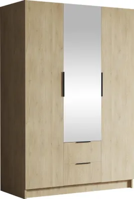Produktbild von MIRJAN24 Kleiderschrank Calwi II 150, Schlafzimmer, mit Spiegel, Drehtürenschrank, mit Kleiderstange, Modern, Garderobenschrank, Metallgriffe (Farbe: Eiche Cremone + Schwarz)