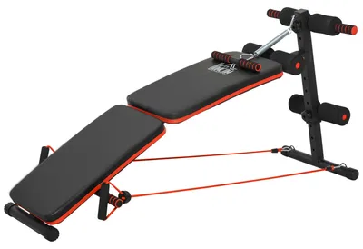 Produktbild von Sit Up Bank Bauchtrainer mit Trainingsseile Trainingsbank Multifunktion Verstellbar&klappbar 110 kg Belastbarkeit Stahl Schwarz+Rot 137 x 51 x 50-66 cm