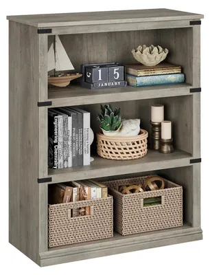 Produktbild von Geräumiges Bücherregal aus Holz - 3-stöckiges offenes Regal - Aufbewahrungsregal mit mehreren Ebenen - Moderner Landhausstil - Für Wohnzimmer Büro Schlafzimmer - Grau