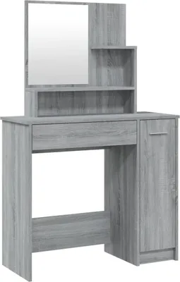 A gray wooden vanity table with a mirror and storage compartments.
