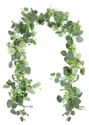 Image de Couronne d'eucalyptus artificielle – Couronne d'eucalyptus de 1,8 m avec des feuilles vertes et des fleurs blanches, décoration suspendue pour les mariages, les tables, les arches et la maison.