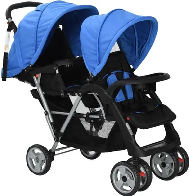 Produktbild von vidaXL Tandem-Kinderwagen Stahl Blau und Schwarz
