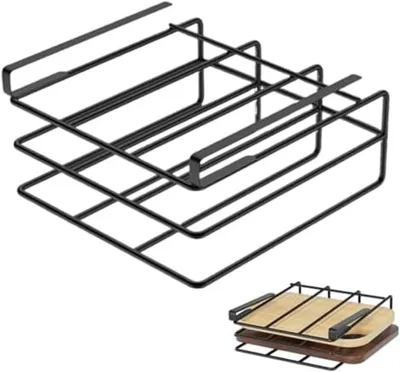 Produktbild von Schwarzer Schneidebretthalter und Topfdeckelständer aus robustem Stahl für das Küchenregal, platzsparender Organizer für Backbleche, 26 x 25 x 7 cm