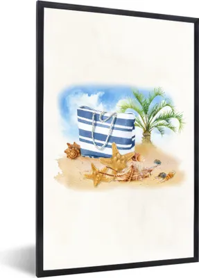 Produktbild von MuchoWow® MuchoWow® Gerahmtes Poster Tasche - Palme - Muscheln 40x60 cm - Poster mit zchwarzem Bilderrahmen - Papierdruck - Wandbilder