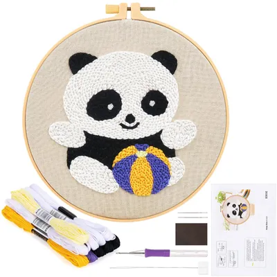 Produktbild von Punch Needle Stickerei Starter Kit - Komplettes Handarbeitsset mit Stoff Fäden und Einfädelhilfe - Panda Motiv für Kinder und Erwachsene