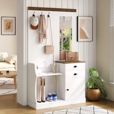 Obrázok produktu pre Merax šatníková zostava 110,5x38x191 cm, so zrkadlom, moderný nábytok do predsiene s 2 zásuvkami, dverami, háčikmi, stojanom na dáždniky a botníkom, drevo-biela