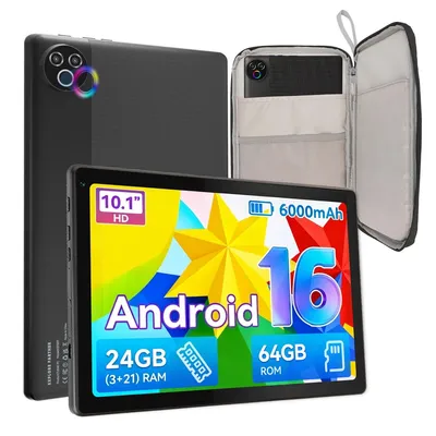 Obrázek produktu pro JENBIZZ Tablet, 10 palců, černá, s pouzdrem, 24 GB RAM (3 GB + 21 GB), 64 GB interní paměť, Android 16, Wi-Fi 6, baterie 6000 mAh