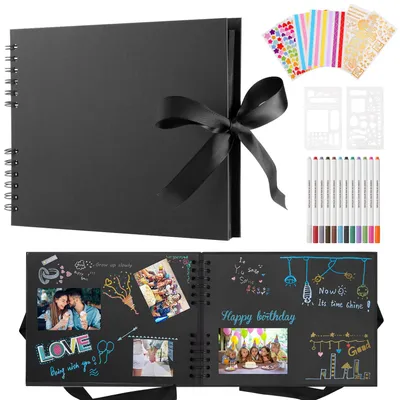 Scrapbook-Fotoalbum, 80 Seiten, schwarz, mit 12 Metallic-Stiften