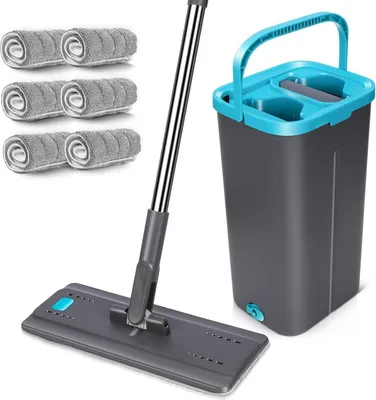 Zdjęcie produktu dla Zestaw mopa z wiadrem i 6 nakładkami z mikrofibry, funkcja wyżymania do użytku na mokro/sucho, kij 141 cm, do wszystkich twardych podłóg