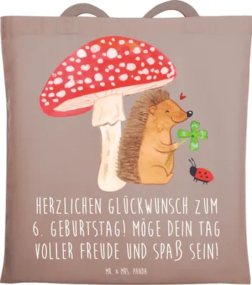 Produktbild von Mr. & Mrs. Panda Uni Tasche 6. Geburtstag Freude - Braun Pastell - Geschenk, Alter, Abenteuer, Tote Bag, Schultasche, totebag, Spaß, Shopping, Happy Birthday, Kinderparty
