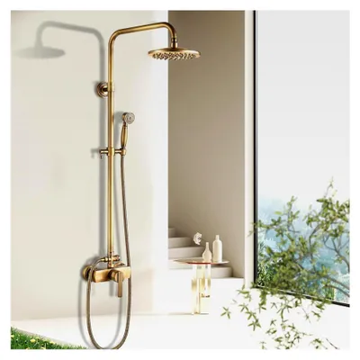 Produktbild von Duscharmatur aus antikem Messing mit Duschsystem und Regendusche, höhenverstellbar von 70 bis 120 cm