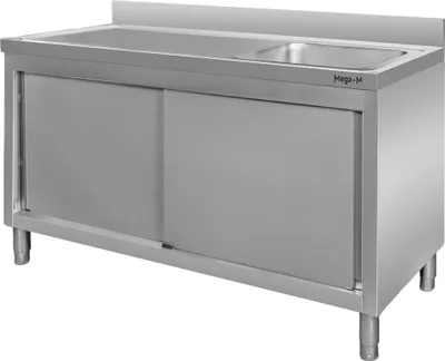 Zdjęcie produktu dla Gastronomiczny stół ze stali nierdzewnej przyścienny ze zlewem po prawej stronie i z szafką Mega-M 140x70x85 cm