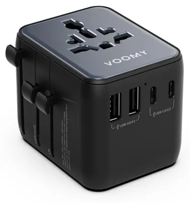 Produktbild von VOOMY Reiseadapter Weltweit 6-in-1 – Für 200+ Länder – Universal Reiseadapter mit 5 USB-Ports – 3x USB-C & 2x USB-A – Kompakter Weltstecker mit 28 W USB-Ladefunktion – Space Grey/Blau