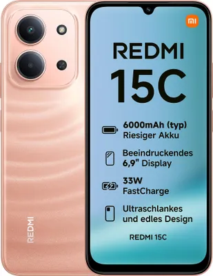 A marketing image of a Redmi 15C smartphone, showing its rear and front display with feature highlights.