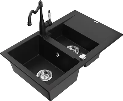 Produktbild von Mexen Gaspar 1,5-Becken-Granitspüle mit Abtropffläche und Mischbatterie Carla, Schwarz - 6507-77-670700-00