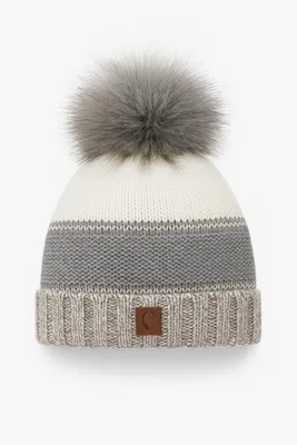 Produktbild von Faera Warme Beanie Strickmütze mit Bommel Fleece Innenfutter  One Size