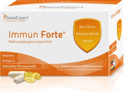Produktbild von SanaExpert Immun Forte, Kapseln, Vitamine und Mineralstoffe für das Immunsystem, Omega-3-Fettsäuren, Beta-Glukan, Marigold, Lycopin, Lutein, Monatspackung à 90 Stück