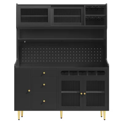 Produktbild von Flieks Küche Hochschrank mit Weinregal und Glashalter, Küchenbuffet Küchenschrank mit Led, Buffetständer Highboard mit Lochwandregalen, Schwarz