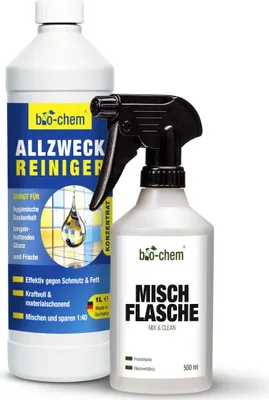 Produktbild von bio-chem Allzweckreiniger Konzentrat - Extrem leistungsstark für hygienische Sauberkeit - 1000 ml + Handspray-Mischflasche 0.5 l - Kraftreiniger Küchenreiniger - für den gesamten Haushalt, Küche & Bad