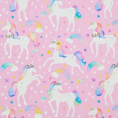 Produktbild von Geschenkpapier Einhorn 70cm x 2m Rolle mit Regenbogen & Sternen Rosa