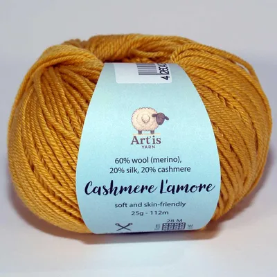 Zdjęcie produktu dla Kaszmir „L'amore” Art'is Yarn: 20% kaszmiru, 20% jedwabiu, 60% wełny merynosowej (kolor 241 – musztardowy)