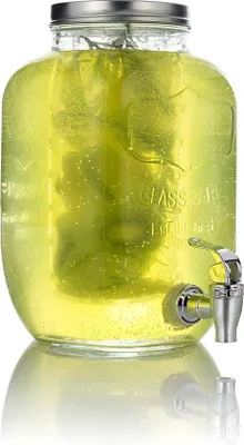 Produktbild von Unyqoos® Getränkespender 4 L (Glas) mit Fruchteinsatz & Zapfhahn – Einmachglas‑Design, Metall‑Deckel, BPA‑freier Kunststoffhahn