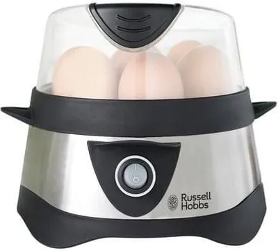 A Russell Hobbs egg cooker with eggs inside.