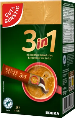 Produktbild von Gut & Günstig Kaffeesticks 3in1 löslicher Bohnenkaffee mit Kaffeeweißer und Zucker (180g Packung) + usy Block