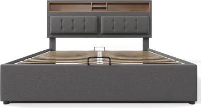 Produktbild von Polsterbett 160x200cm Doppelbett (Ohne Matratze) Stauraumbett Grau Leinenmaterial Jugendbett Mit USB C Steckdose Ladefunktion Mit lattenrost