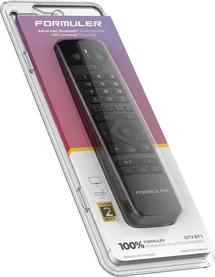 A product package containing a remote control.