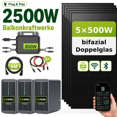 Produktbild von 2500 Watt Balkonkraftwerk mit Speicher Marstek B2500-D 6,72 kWh, 5x500Wp bifaziale Solarmodule Solarpanel PV Solaranlage Solarspeicher