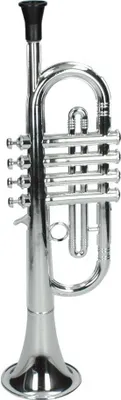 A silver toy trumpet with a black mouthpiece, isolated on a white background.