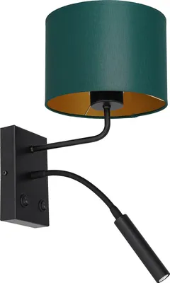 Zdjęcie produktu dla Kinkiet ścienny czarny z zielonym abażurem ze złotym wnętrzem lampka do czytania 2 włączniki Arden 1xE27+G9 15W+8W Luminex