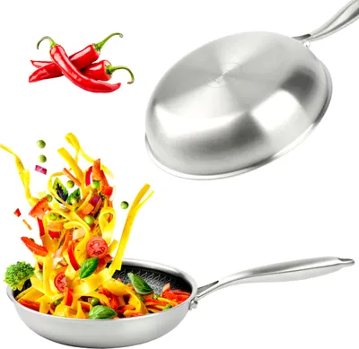 A frying pan with food ingredients being tossed into it, with chili peppers in the background.