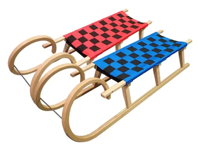 Two wooden sleds with checkered seats, one red and one blue, are shown against a white background.