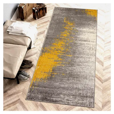 Produktbild von Moderner Läufer für Flur mit abstraktem Muster - Kurzflor Teppichläufer für Flur, Küche, Schlafzimmer, Esszimmer - Flurläufer in verschiedenen Größen und Farben - Grau Gelb 70 x 250 cm