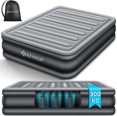 An inflatable mattress with a cutaway showing internal support structures, and a storage bag.