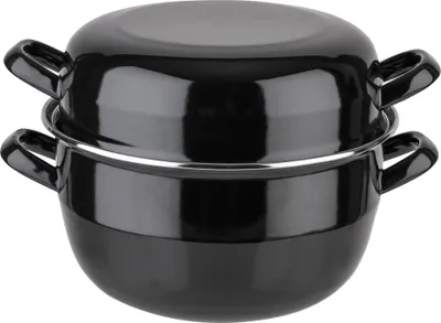 Produktbild von APS 627 Servier-Muscheltopf, schwarz emailliertes Stahlblech, Ø 24 cm, Inhalt Topf 5,2 Liter, Inhalt Deckel 2,7 Liter