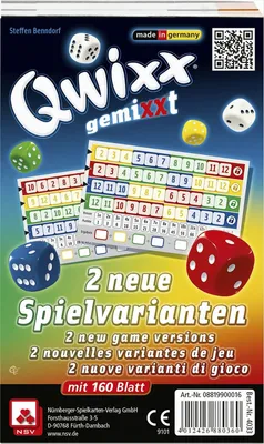 The back of a game box for Qwixx gemiXXT, showing dice, game boards, and descriptive text.