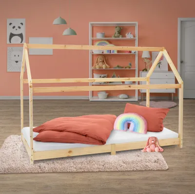 Obrázok produktu pre ML-Design detská posteľ 90x200 cm so strieškou a lamelovým roštom, prírodná, domček posteľ z masívneho borovicového dreva podlahová posteľ drevená posteľ posteľ pre mládež hracia posteľ stan