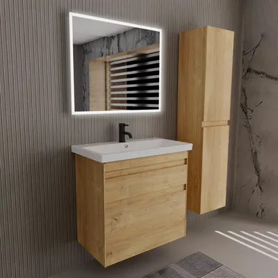 Produktbild von Alpenberger Badmöbel Set mit LED Spiegel & Hochschrank - Keramik Waschbecken mit Unterschrank - Softclose - Vormontiert - 60/80/100/120 cm