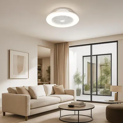 Produktbild von MeLiTec Deckenleuchte mit Ventilator, DV05, Deckenventilator mit Beleuchtung, Deckenlampe mit Ventilator, mit Fernbedienung, Ø 49 cm, weiß