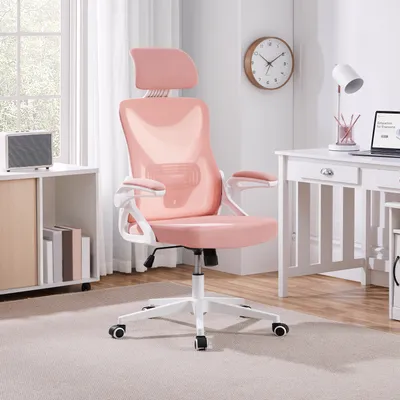 Produktbild von Yaheetech Bürostuhl Ergonomisch, Schreibtischstuhl mit Hochklappbaren Armlehnen, Drehstuhl mit Rückenlehne und Verstellbarer Kopfstütze, Weiß/Rosa