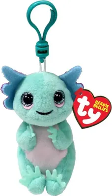 A plush toy axolotl with a keychain clip and a Ty Beanie Bellies tag.