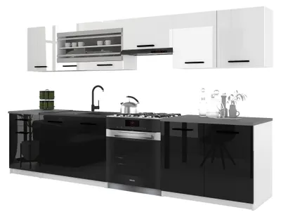 Obrázek produktu pro Belini Moderní kuchyňská linka ITALIA 4 – kuchyňský nábytek 260 cm, bílá-černá – vestavěná kuchyně se závěsnými skříňkami, spodními skříňkami a pracovními deskami