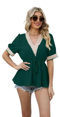Imagen del producto de Elegante blusa de cuello en V para mujer, con mangas cortas